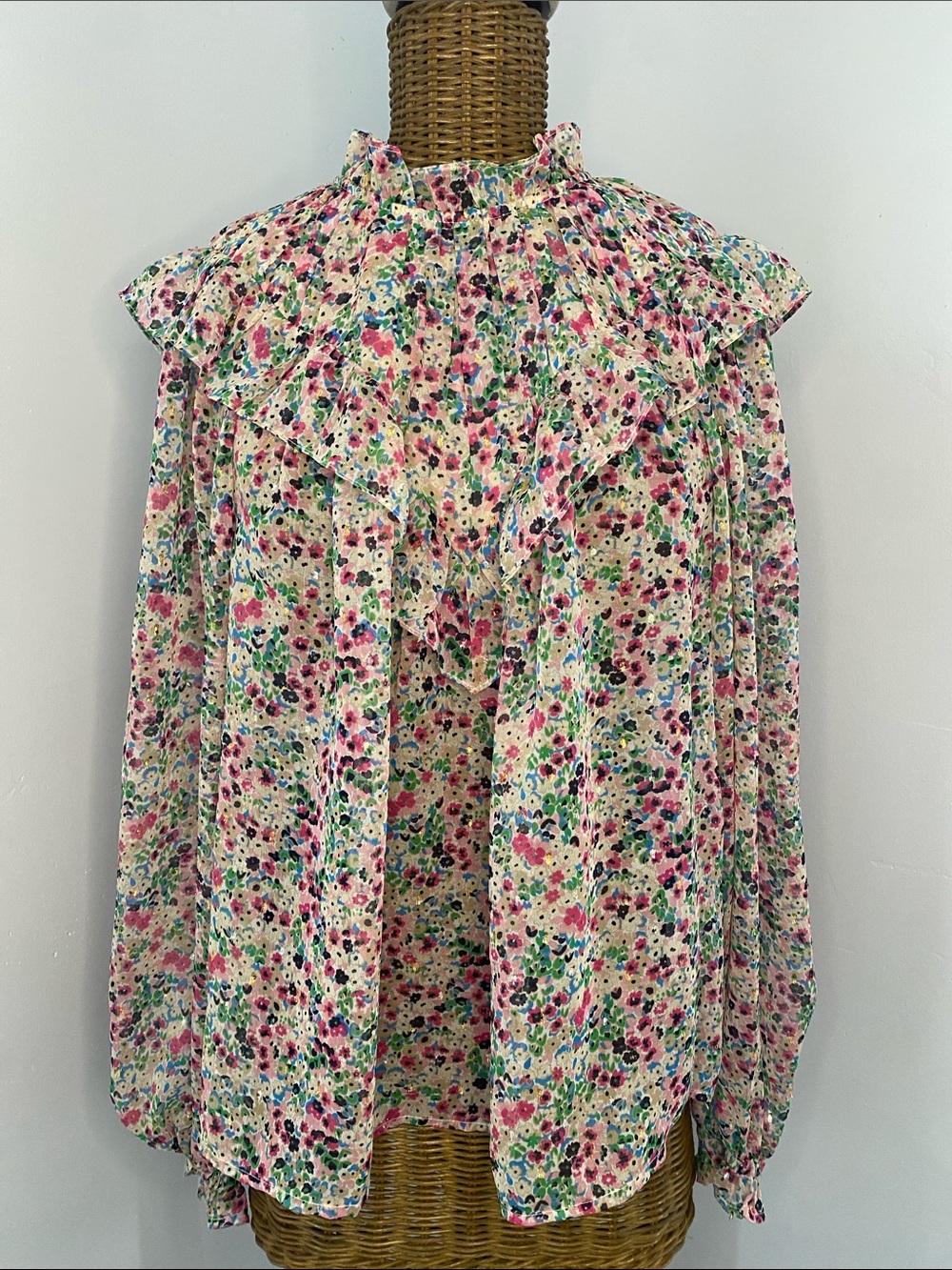 Boden Cream Floral Ruffled High-Neck Blouse